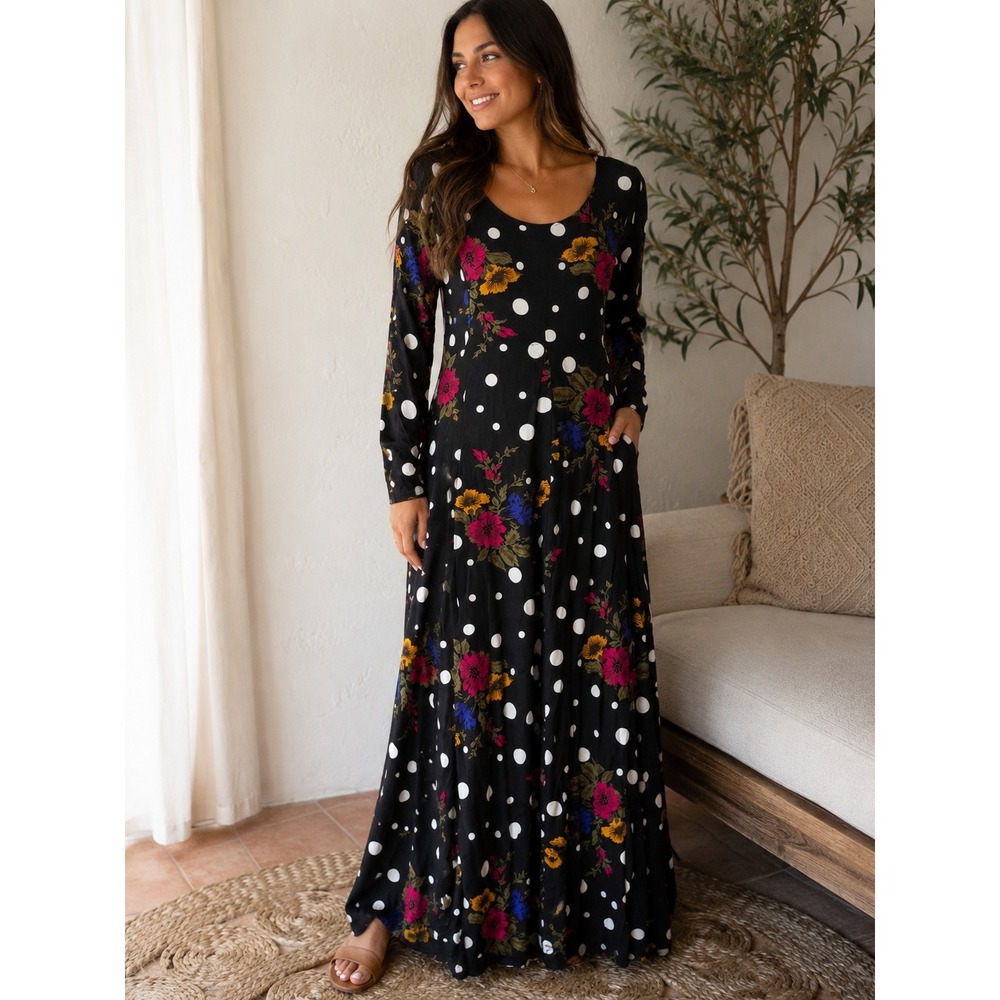 Matty Vintage 90s Black Floral Polka Dot Long Sleeve Maxi Dress Scoop Neck Rayon - Picture 2 of 11